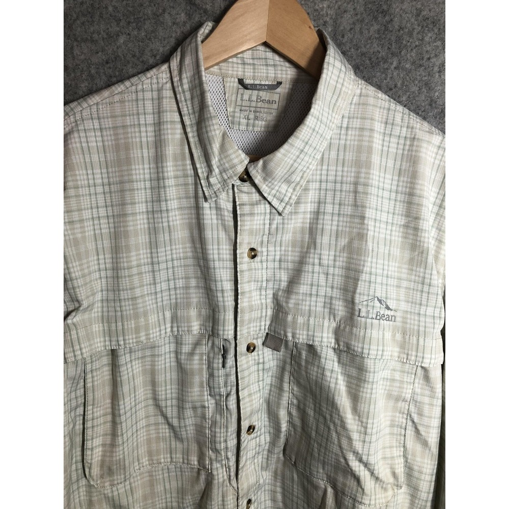 L.L.Bean Shirt XL Beige Plaid Vented Tropicwear Nylon Casual Fishing Outdoor